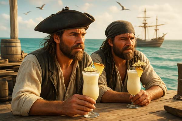 Two pirates drinking pina coladas